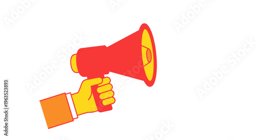 Hand Holding a Red Megaphone Broadcasting a Message for Business Promotions and Marketing Communications on White Background