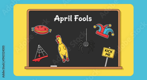 Humorous Blackboard Illustration for First of April Celebrations with Rubber Chicken Joke Objects Spider and Jester Hat for Silly Pranks