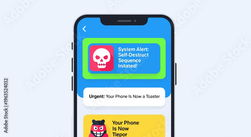 Alert App with Skull Notification on Mobile Phone Display Warning of Self Destruct Sequence Initiation Digital Device Security Concept