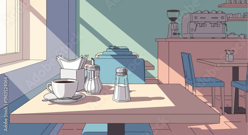 Illustration of a Cafe Interior with Sunlight Streaming Through Window Casting Shadows on Table with Coffee and Condiments