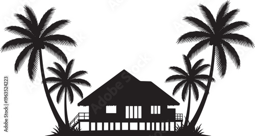 Black silhouette of a tropical hut with palm trees and grass black and white house de