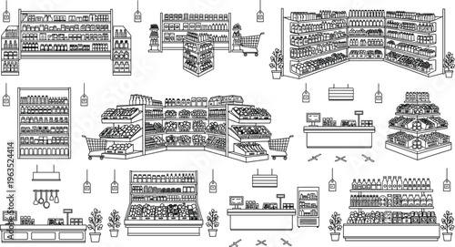 Large collection of grocery store interior vector illustrations with supermarket shelves produce displays checkout counters and shopping carts