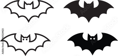 A set of four bat silhouettes in black and white on a plain background.