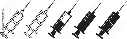 A set of medical syringes in various shades of black and white on a clean background.