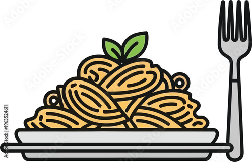 Delicious spaghetti pasta dish with fresh basil and fork vector illustration with italian food