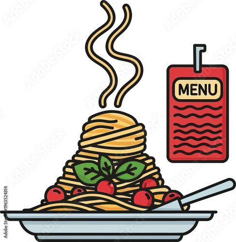 Hot spaghetti pasta with meatballs, basil, and menu vector illustration, hot food, food court