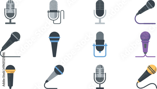 Microphone icon collection with vintage, handheld and studio mics, flat style audio recording equipment set for podcast, music and broadcasting design