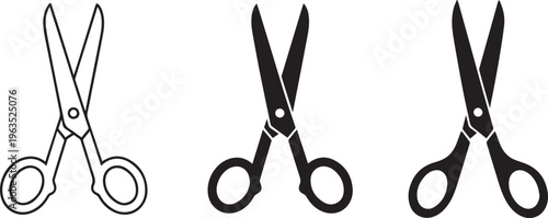 A set of three black and white scissor illustrations on a clean background.
