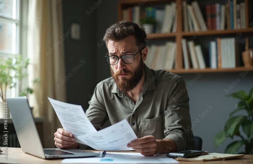 Obraz premium Man with glasses frowns reviewing papers and laptop. He looks stressed about finances at home. Budgeting, bills, and expenses cause concern. Planning his mortgage payments.