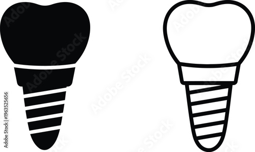 Dental implant vector icon showing tooth crown and screw for medical and dentistry themes.