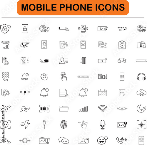 Mobile App Line Icons Set – Smartphone UI UX, Communication, Security, Technology Vector Pack