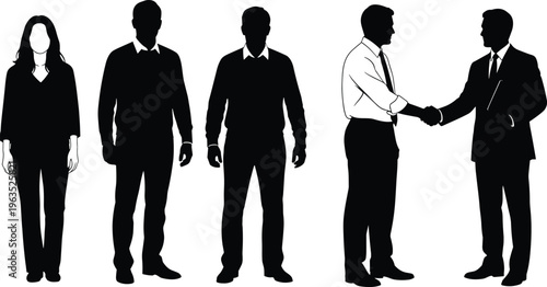 Business people silhouettes handshake agreement, corporate professionals teamwork concept, office workers standing and greeting, partnership deal isolated on white background