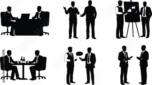 Business people silhouettes set showing meetings, presentation, discussion and teamwork, corporate professionals office activities isolated on white background concept