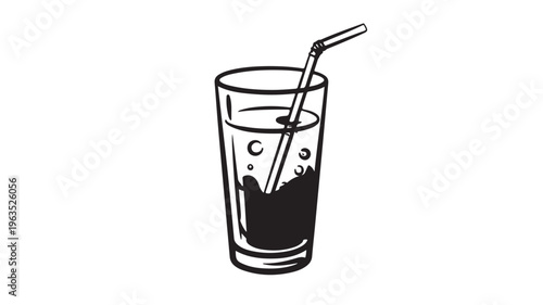 Glass with Straw and Dark Liquid on White Background For Refreshment Concepts