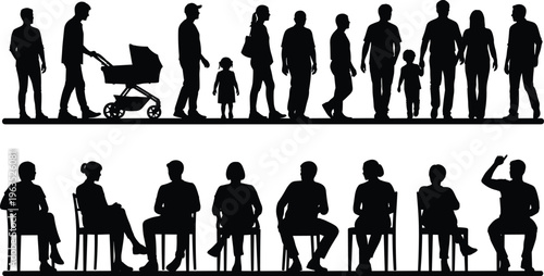 People silhouettes collection, walking family group and seated audience characters, diverse human figures in different poses isolated on white background