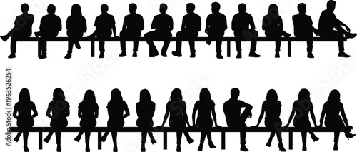 People sitting silhouettes on bench in various poses isolated on white background, waiting, social interaction, lifestyle, urban scene concept
