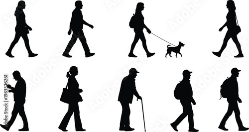 People walking silhouettes set, men and women with bags phone dog and cane, urban lifestyle characters isolated on white