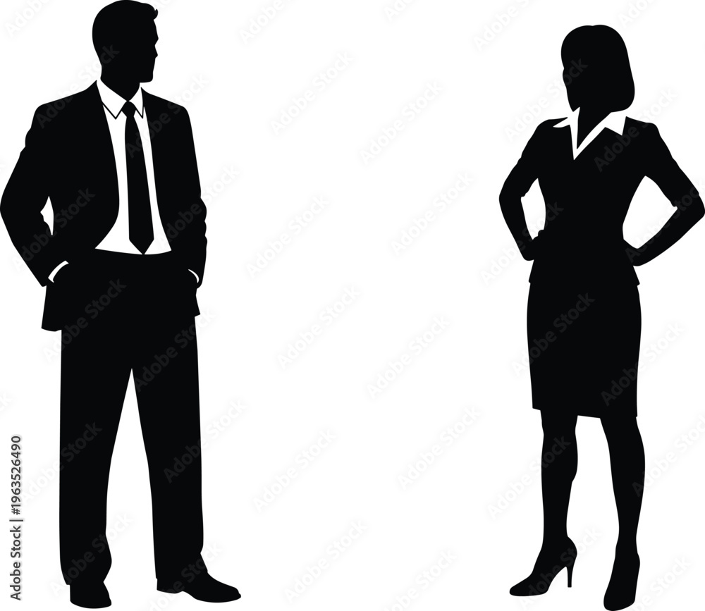Fototapeta premium Silhouette of business man and woman facing each other in professional attire symbolizing workplace dynamics, equality, leadership, and success