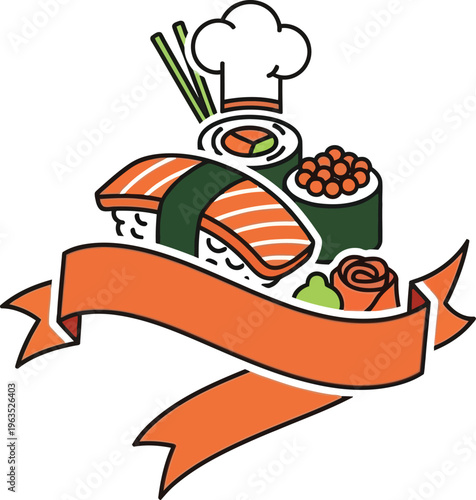 Japanese sushi rolls nigiri and maki illustration with chef hat and orange banner