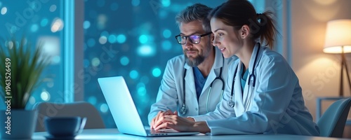 Two doctors in white coats collaborate using a laptop in a modern office at night. Focused on digital health data, discussing patient care plans, with city lights blurred in background.
