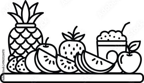 Fresh tropical fruit assortment line art illustration pineapple strawberry orange slices