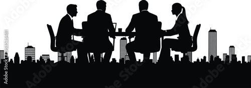 Silhouette of business team seated at table with city skyline background symbolizing urban corporate meeting, collaboration, and success