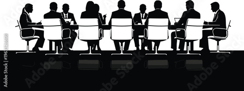 Silhouette of corporate team seated around long conference table engaged in professional meeting, collaboration, leadership, and decision‑making process