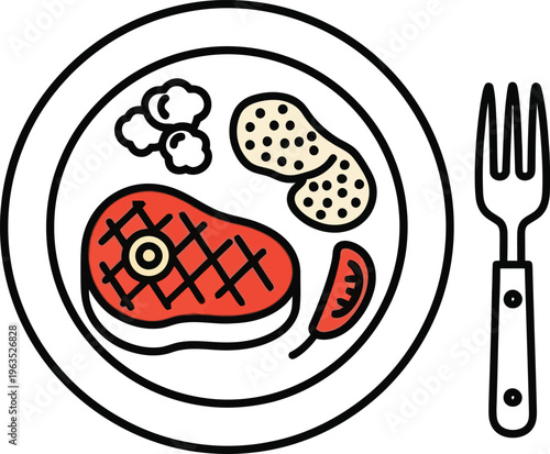 Grilled steak dinner plate with sides and fork icon vector illustration with potato croquettes