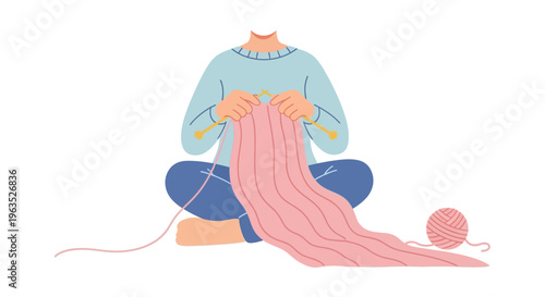 Woman Knitting Pink Yarn on Floor.