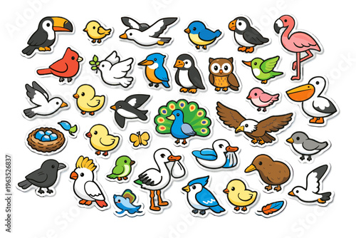Icon vector sticker style birds cute illustration simple flying generation image kawaii style sticker pack species