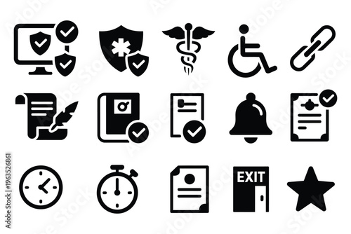 Document security and accessibility icons, solid vector set, essential workflow tools, file protection, access control, compliance, and productivity management.