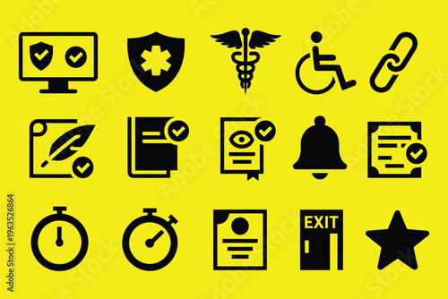 Document security and accessibility icons, solid vector set, essential workflow tools, file protection, access control, compliance, and productivity management.