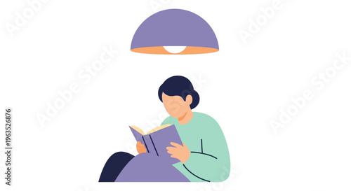 Woman Reading Book Under Lamp Illustration.