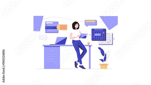 Flat design animation of woman working at desk with task calendar