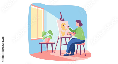 Woman Painting on Easel in Studio.