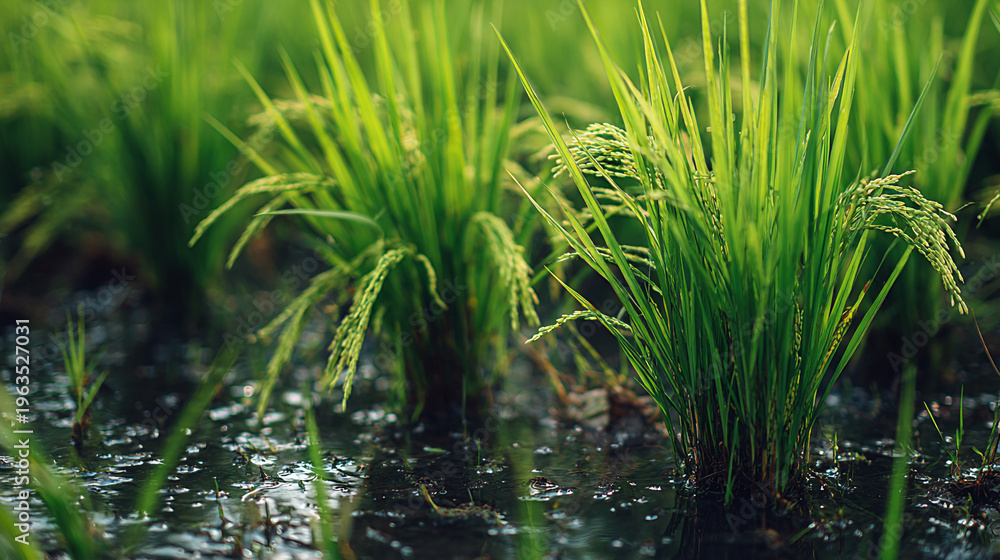 Fototapeta premium Green rice plants growing in a flooded paddy field with water droplets