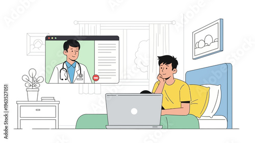 Telemedicine consultation, online doctor visit on laptop, remote healthcare