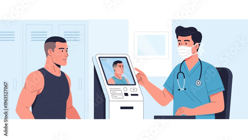 Healthcare professional consulting patient through telemedicine kiosk