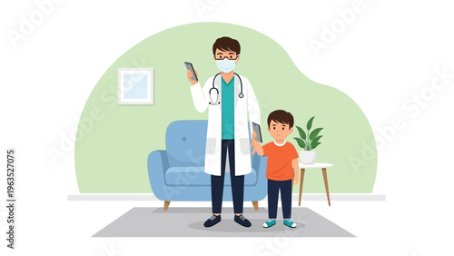 doctor and child with smartphones in medical office