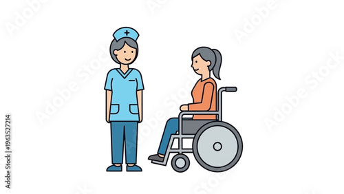 Caring nurse with a female patient in a wheelchair, a concept of healthcare assistance, medical support, and accessibility for people with disabilities