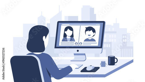 Illustration of a professional woman attending a virtual meeting on a desktop computer, representing remote work and online collaboration