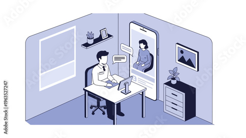 Isometric illustration of a professional remote work setup with a man having a video conference call for a virtual meeting or job interview