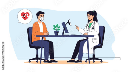 Patient consulting with a doctor about heart health concerns during a medical check-up in a clinic, emphasizing healthcare, diagnosis, and patient care in a modern setting