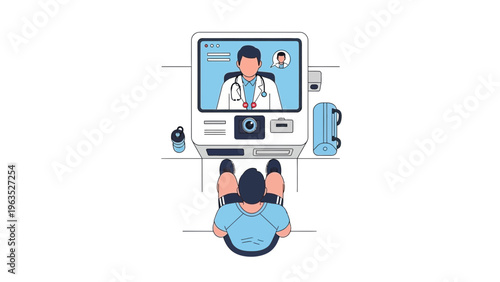 Top view illustration of a person engaging in a virtual medical consultation with a physician via a telehealth terminal, representing digital healthcare innovation