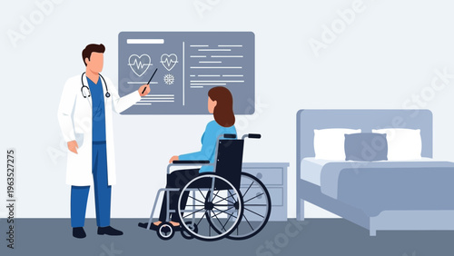 Male doctor explaining medical results on a digital screen to a female patient sitting in a wheelchair inside a hospital room