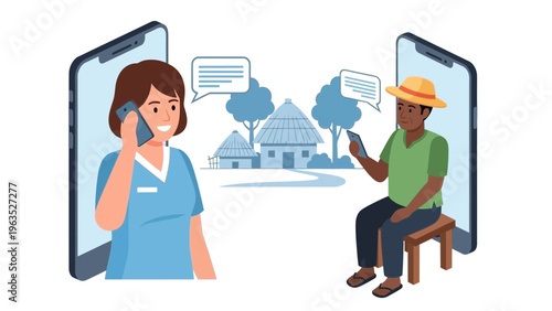 Bridging Distances with Digital Connectivity Caregiver providing virtual assistance to a rural community member through mobile technology, promoting accessible communication and modern support