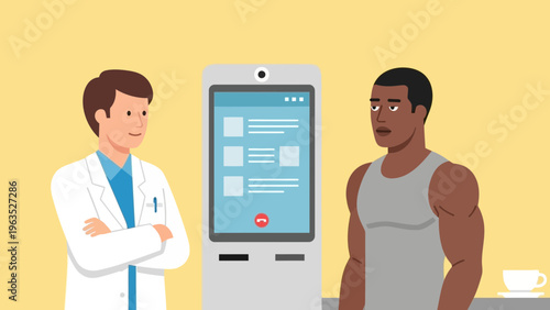A male patient consults with a doctor using a modern digital telehealth kiosk for a virtual medical appointment