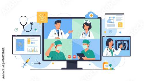 Telemedicine concept showing a group of doctors and healthcare professionals in a virtual conference for online medical advice and diagnosis