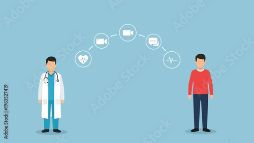 Telemedicine concept showing doctor and patient linked by a virtual arc of digital health icons, representing remote medical consultation and online healthcare services