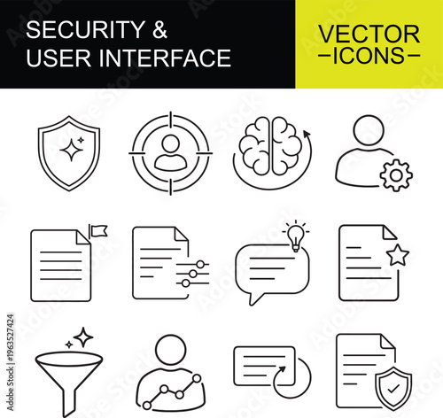 Security and user interface vector icon set with protection, user profile, data privacy, document management, AI brain, settings, filtering, analytics and communication outline icons